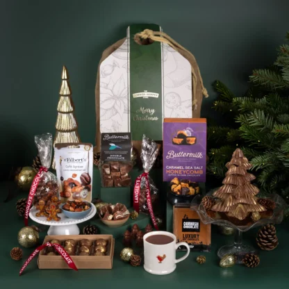 The Chocolate Feast Hamper with a chocolate Christmas tree, sea salt honeycomb, espresso chocolate and champagne truffles