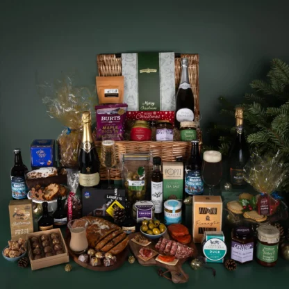 The Winter Wonders Hamper gift with Camel Valley Brut, Duck Rillette, salami, almonds, truffles, panettone and much more