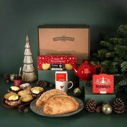 The Christmas Cream Tea Pasty Hamper featuring a delicious Christmas pasty filled with turkey, stuffing, sausage and bacon