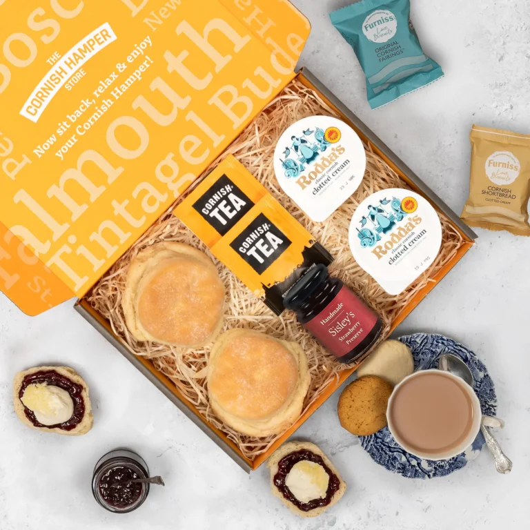 Cornish cream tea for 2 made with jam and Roddas clotted cream. A delicious cream tea hamper delivered