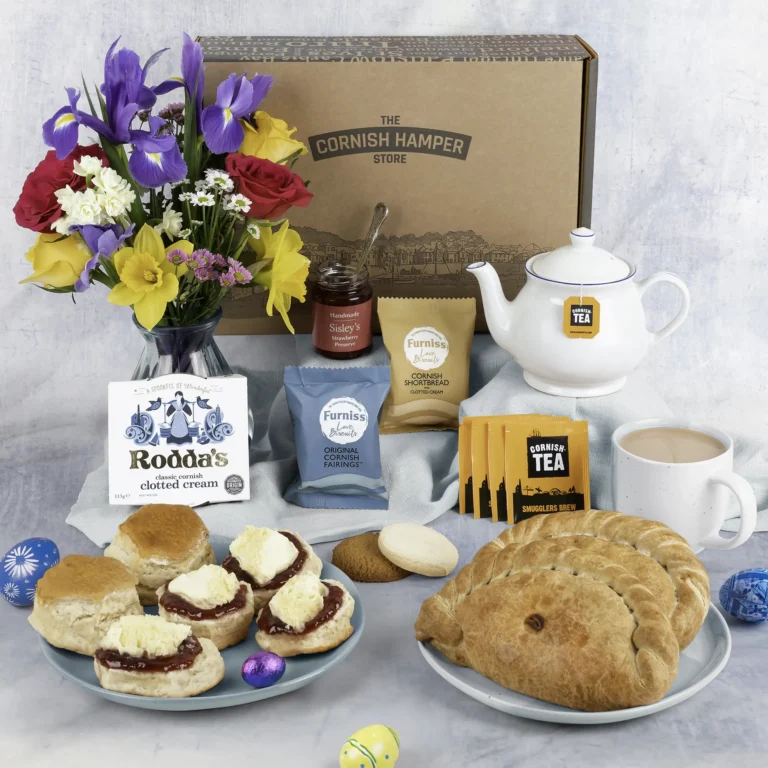 The Easter Pasty and Cream Tea Hamper, the ultimate Cornish care package for him or her. Featuring traditional steak pasties