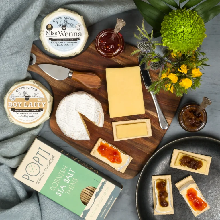 A delicious cornish cheese board, featuring luxury cheese, chilli jam and chutney
