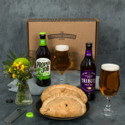 The Pasty & Beer Hamper featuring 2 Cornish Pasties, paired with St Austell Brewery Proper Job and Tribute beer selection