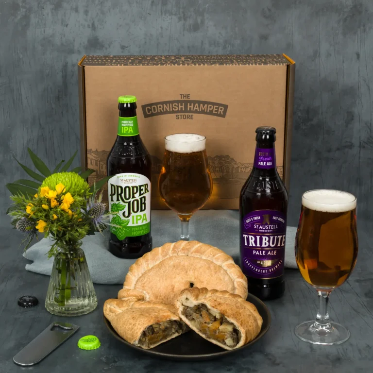 The Pasty & Beer Hamper featuring 2 Cornish Pasties, paired with St Austell Brewery Proper Job and Tribute beer selection
