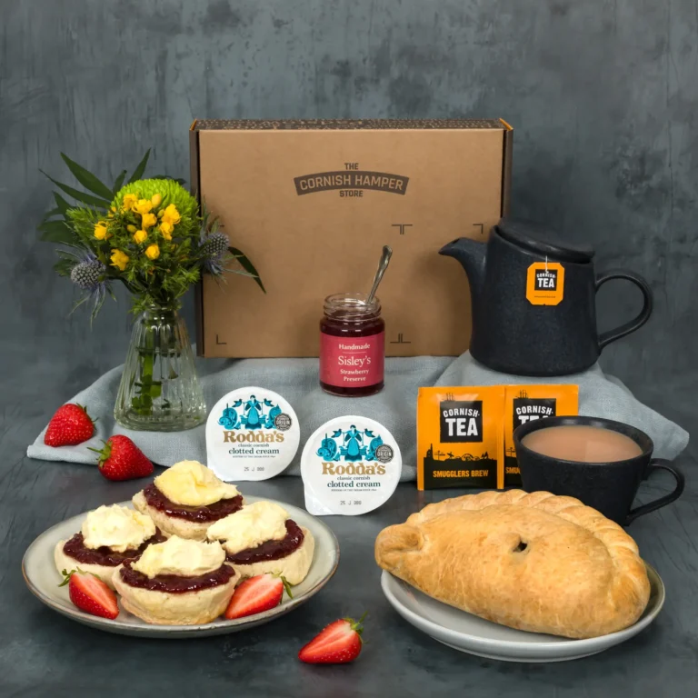 Dad's Gluten Free Pasty Postal Hamper, two Cornish classics in one perfect gift. Packed with Cornish cream teas and a steak pasty