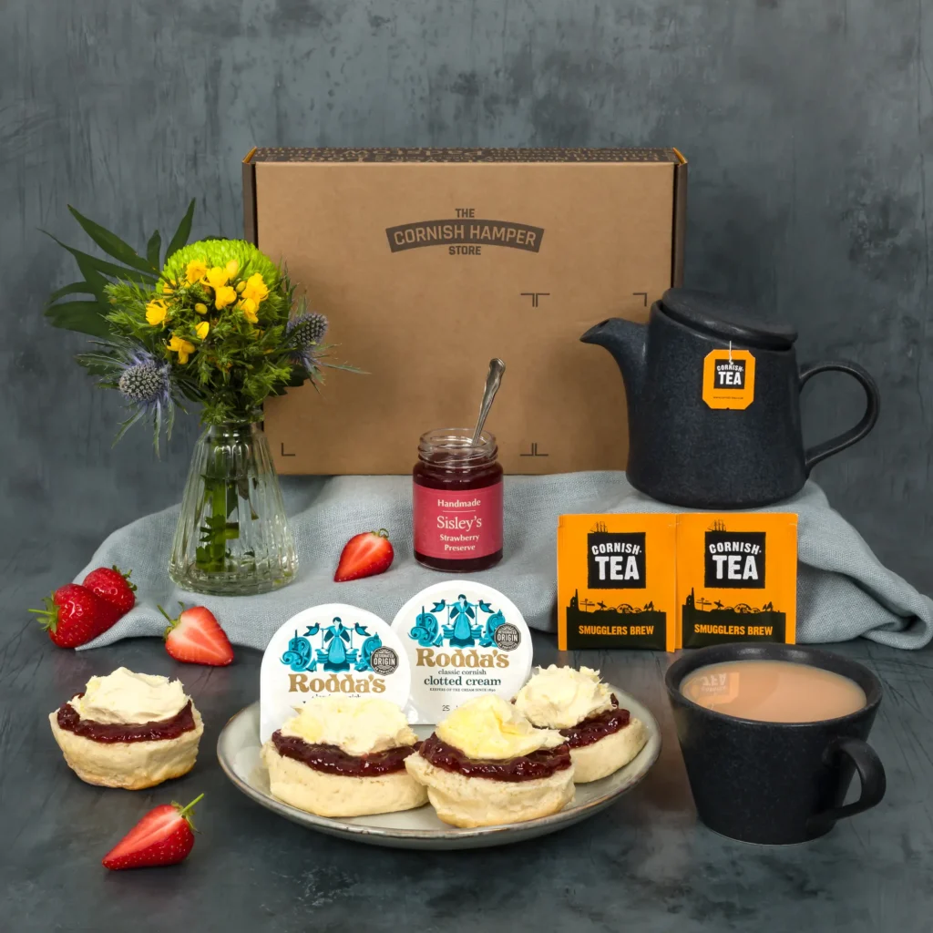 The Father's Day Cream Tea Hamper, packed with scones, jam, clotted cream and Cornish tea