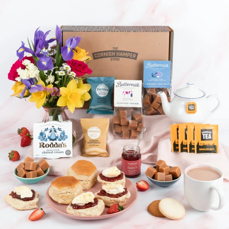 The Birthday Fudge Hamper packed with clotted cream fudge, sea salt caramel fudge and cornish cream teas