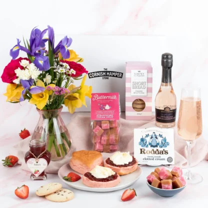 The Pink Birthday Cream Tea Hamper, a beautiful gift for her, complete with pink prosecco, strawberry scones and sweets